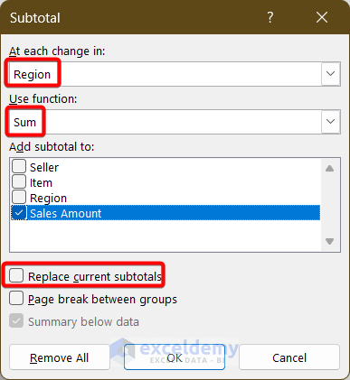 Choosing different parameters from the subtotal dialogue box in Excel