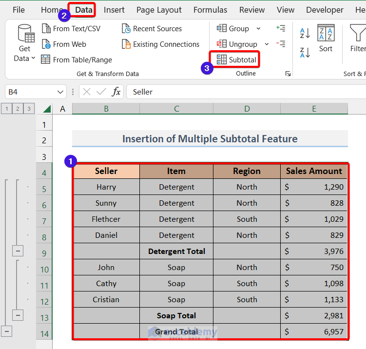 choosing the subtotal option from the data tab in Excel