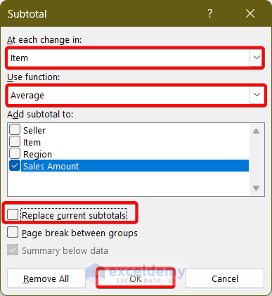 Choosing different parameters from the subtotal dialogue box in EXcel