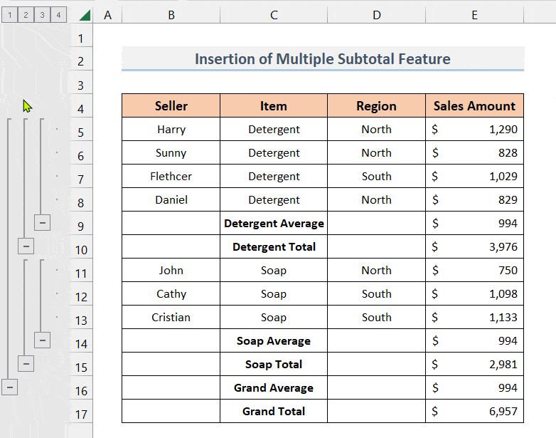 Navigating through differents subtotals in Excel
