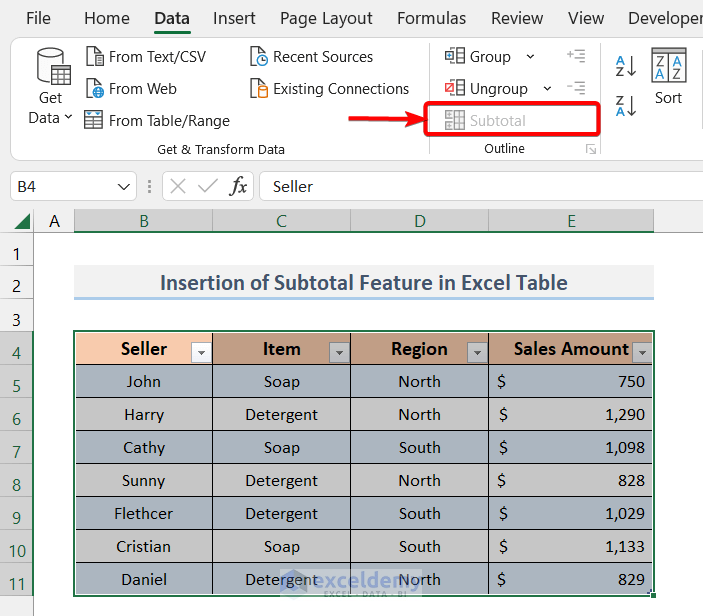 The unavailability of the subtotal feature in the Excel table