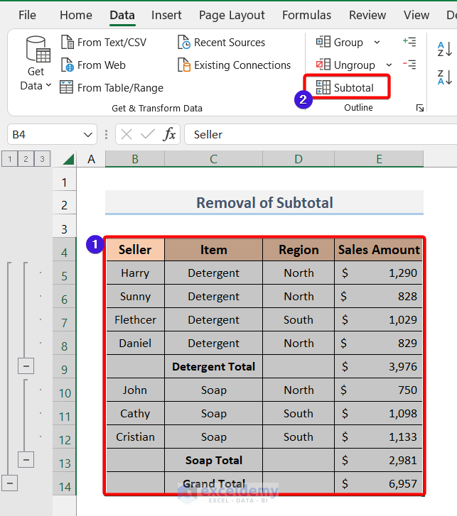 Selecting the entire dataset in Excel for removing subtotals