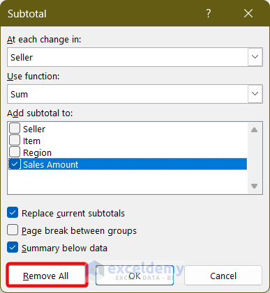 Removing existing subtotals from Excel.