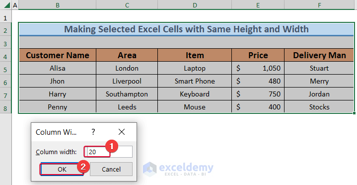 Assigning Column Width to Make Cells with Same Height and Width in Excel