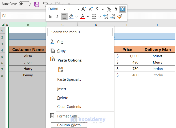 Right Clicking on a Column to Choose the Column Width Option