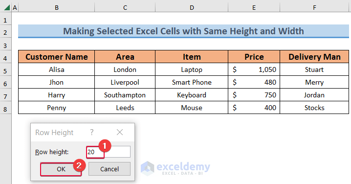Setting Rwo Height to Make Cells with Same Height and Width in Excel