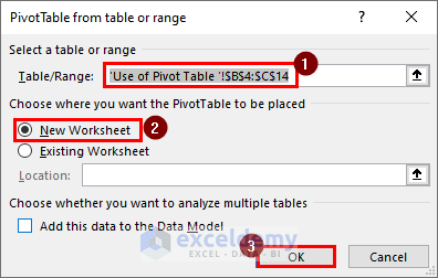 Selecting range from the "PivotTable from table or range" dialog box