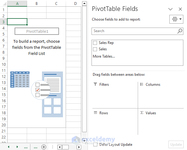 PivotTable appears on the new sheet
