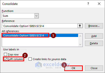 Selecting range and function in the consolidate dialog box