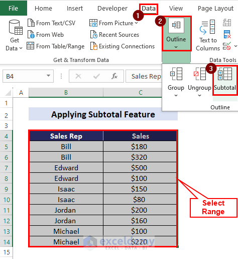 Applying the Subtotal feature 