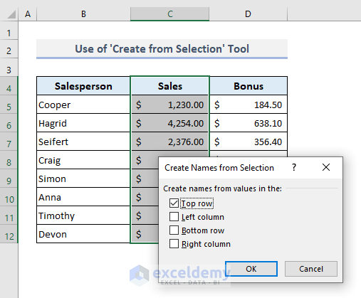 ‘Create from Selection’ Tool to Name an Excel Range
