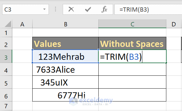 Trim formula for removing space before numbers