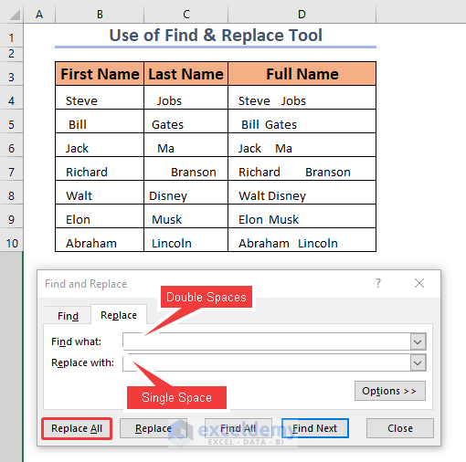 Filling up the labels in Find & Replace dialoge box