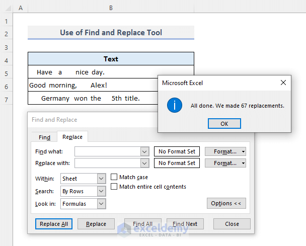 Find & Replace Tool to Erase Extra Spaces in Excel