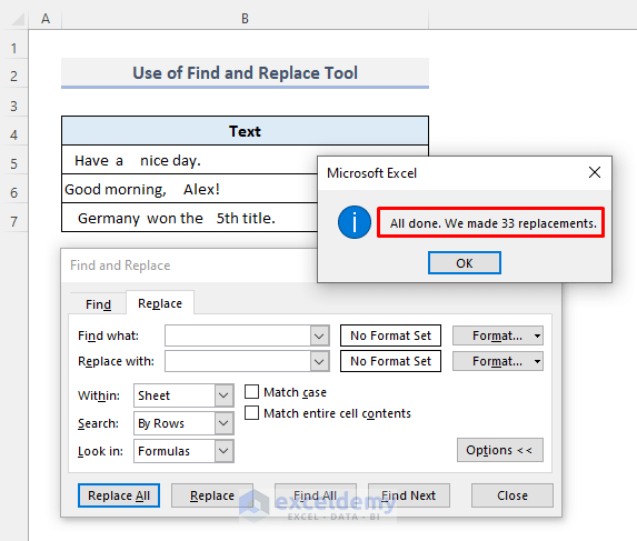 Find & Replace Tool to Erase Extra Spaces in Excel