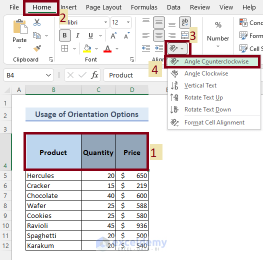 Rotate Text in Excel Using Orientation Options