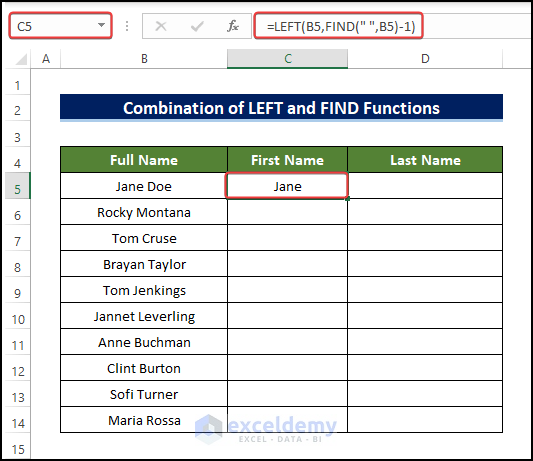 Apply LEFT, RIGHT, LEN, and FIND Functions in Excel to separate Words