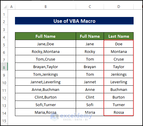 The FInal output shows separate two words in name using the VBA macro in Excel.
