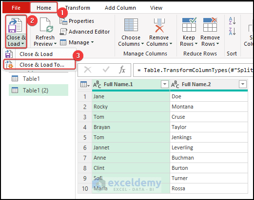 table loaded from the power query editor to the sheet.