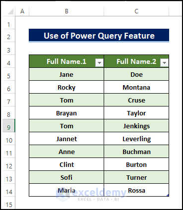 the final output of the power query feature showing in the sheet to separate two words in Excel.