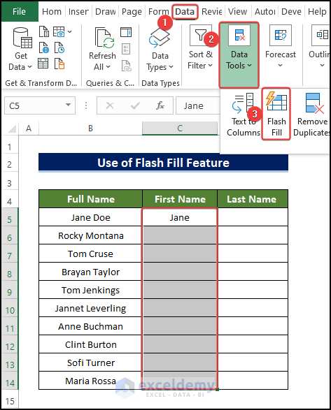 Separate two Words Using Flash Fill Feature in Excel