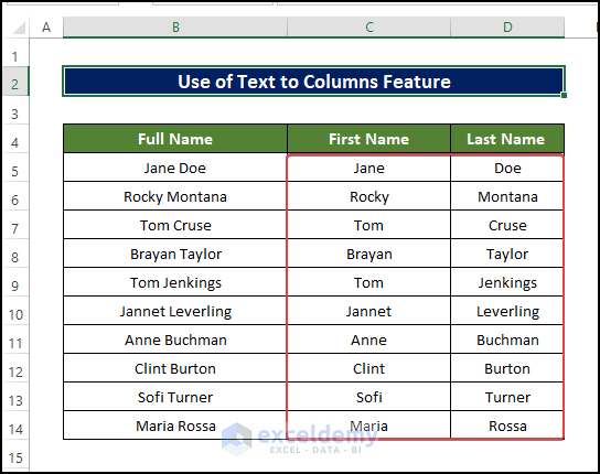 The final output of using text-to-column feature to separate names.