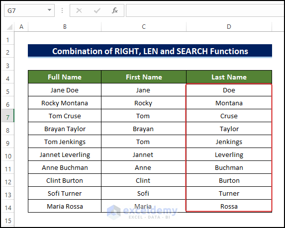 The final output of using LEFT, RIGHT, LEN, and SEARCH functions to separate names.