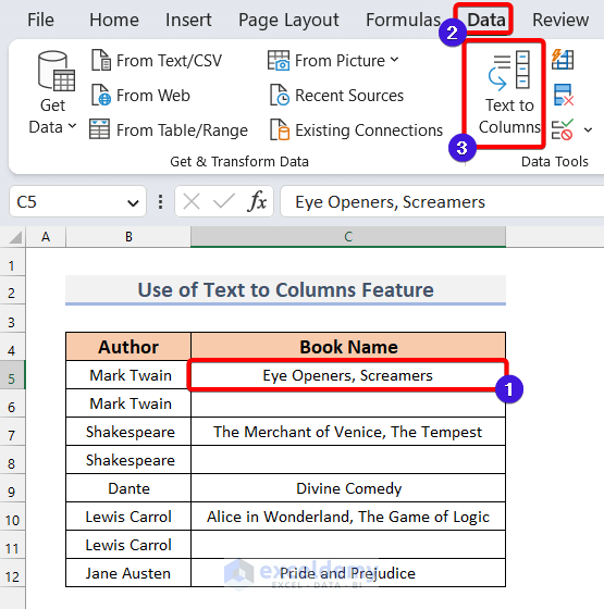 Selecting Text to Columns Command from Data tab