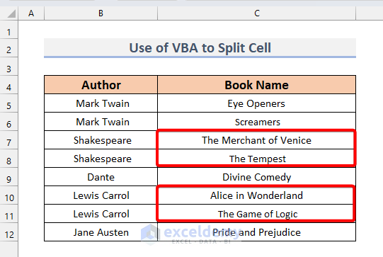 Final result of splitting cell into two rows using vba code