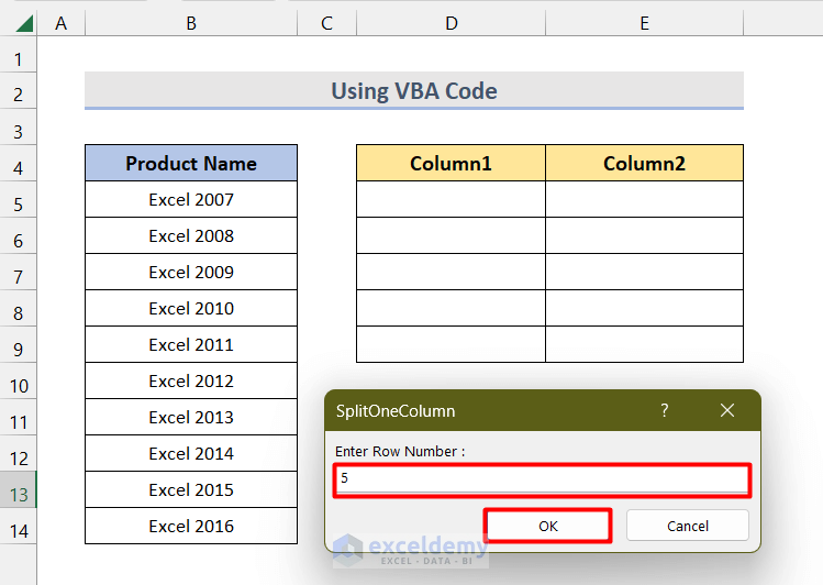 Entering Row Number in Splitting One Column into Multiple Columns with VBA