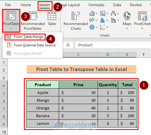 Use Pivot Table to Transpose a Table in Excel