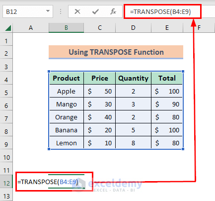 Insert TRANSPOSE Function to Switch Table in Excel