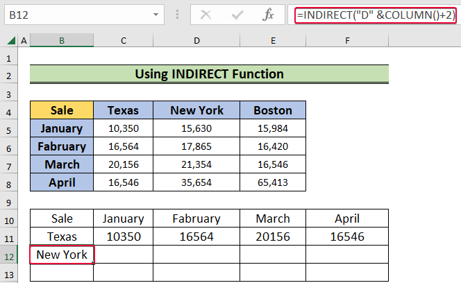applying indirect function to show how to transpose in excel