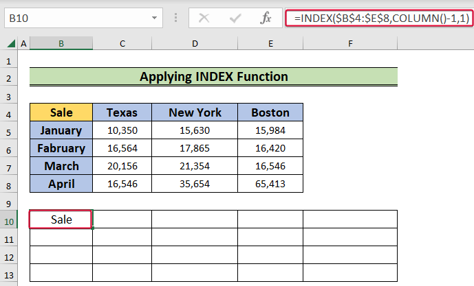 applying index function to show how to transpose in excel