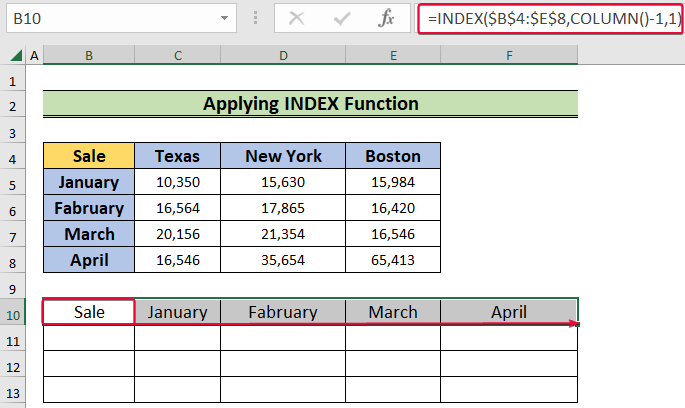 applying index function to show how to transpose in excel