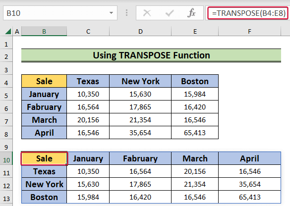 applying transpose function to show how to transpose in excel