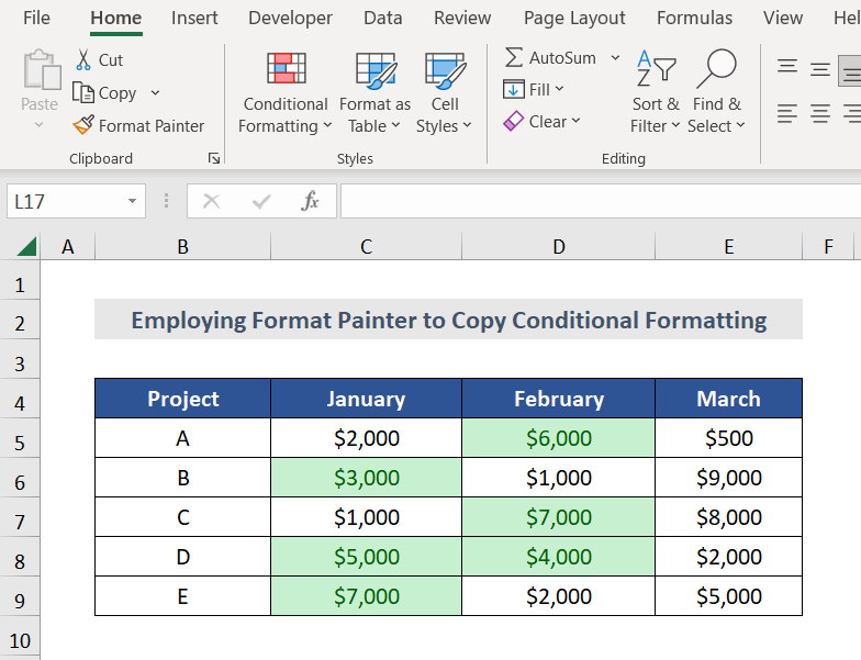 Employing Format Painter to Copy Conditional Formatting