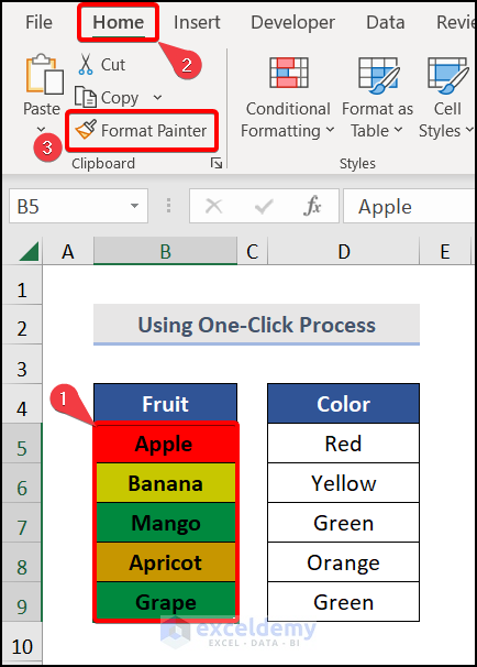 Using One click process to use format painter in excel for multiple cells