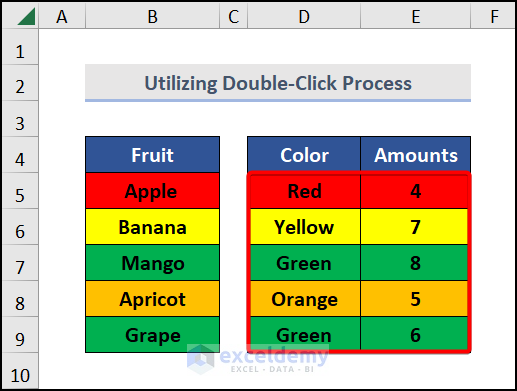 Utilizing Double Click process to use format painter in excel for multiple cells