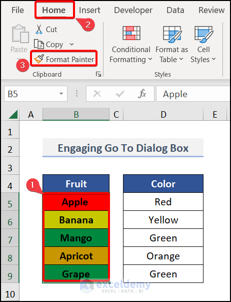 Engaging Go To dialog box to use format painter in excel for multiple cells