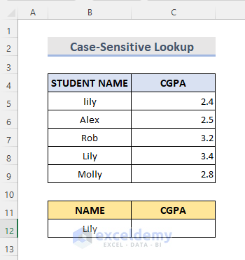 Case Sensitive Lookup with INDEX & MATCH Functions If Cells Contains a Text