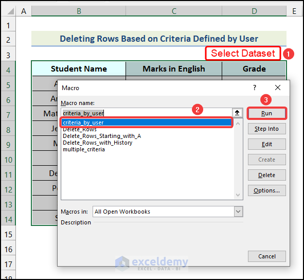 Running a macro to delete rows based on criteria defined by user in Excel