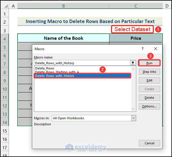 Running macro in Excel to delete rows that have “History” in the book name 