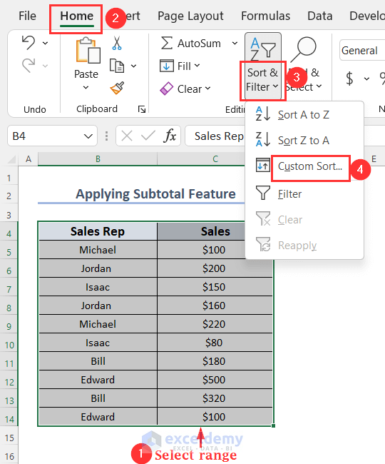 Applying Subtotal feature to Merge Duplicate Rows in Excel