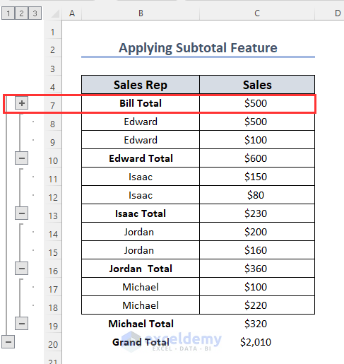 Applying Subtotal feature to Merge Duplicate Rows in Excel