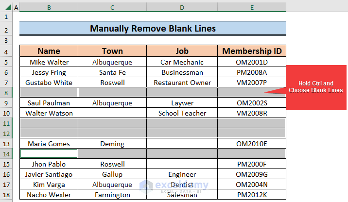 Manually Choosing Cells to Remove Blank Lines in Excel