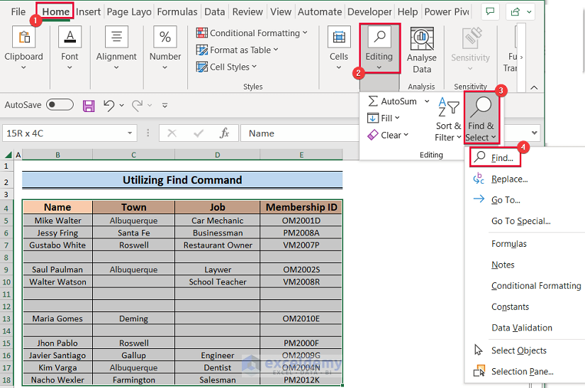 Choosing Find Command to Remove Blank Lines in Excel