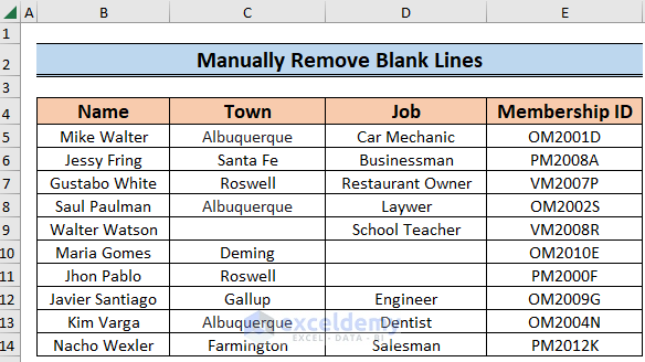 Manually Remove Blank Lines in Excel