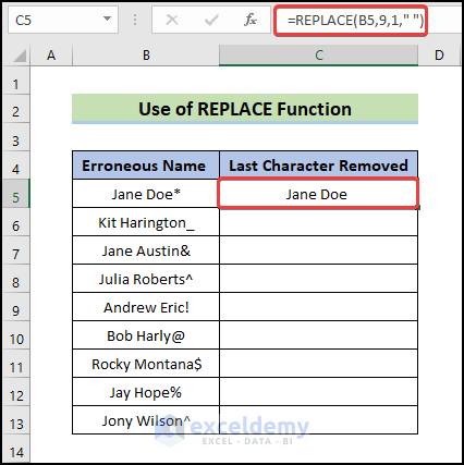 Use of REPLACE function to remove last character from string Excel