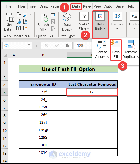 Select Flash Fill option to remove last character from string Excel